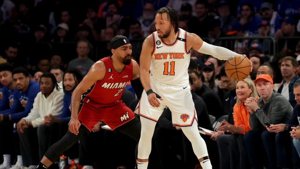 Apr 30, 2023; New York, New York, USA; New York Knicks guard Jalen Brunson (11) controls the ball against Miami Heat guard Gabe Vincent (2) during the first quarter of game one of the 2023 NBA Eastern Conference semifinal playoffs at Madison Square Garden. Mandatory Credit: Brad Penner-USA TODAY Sports