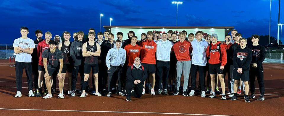 ADM's boys track team poses for a photo after winning the Raccoon River Conference meet on Wednesday, May 1, 2024 in Carlisle.