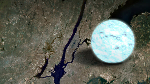 A neutron star is incredibly small and dense, packing the mass of the Sun into a ball just a few kilometers across. This artwork depicts one compared to Manhattan. Credit: NASA's Goddard Space Flight Center