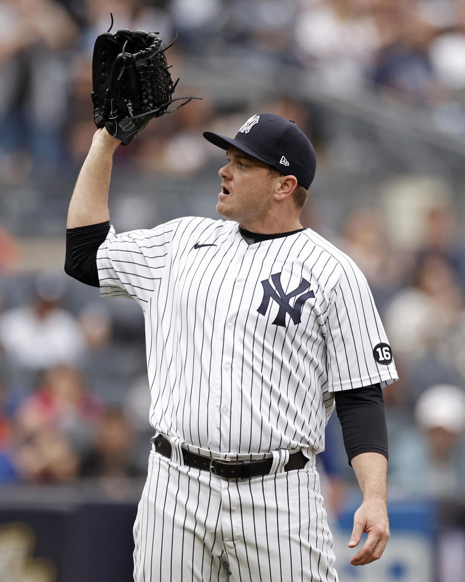 New York Yankees pitcher Justin Wilson reacts during the sixth inning of a baseball game against the New York Mets on Saturday, July 3, 2021, in New York. (AP Photo/Adam Hunger)