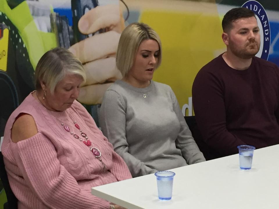 The mother of road accident Aaron Wilson, Irene, his partner Katie Robertson, and his friend Scott Good, appealing for information about drivers who left the scene during a news conference at West Midlands Police HQ. (Credit: Matthew Cooper/PA)