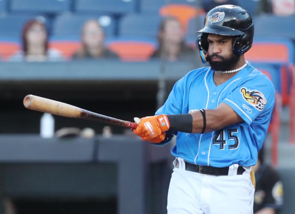 RubberDucks Aaron Bracho gets set to bat during a game Aug. 31 against the Bowie Baysox at Canal Park in Akron.