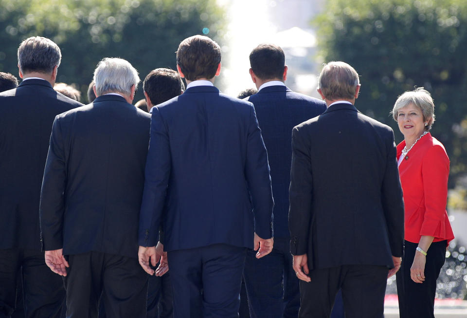 Theresa May arrives for a photo during the European Union leaders informal summit in Salzburg, Austria. (Reuters)