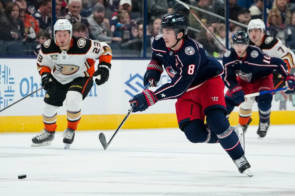 Oct 24, 2023; Columbus, Ohio, USA; Columbus Blue Jackets defenseman Zach Werenski (8) skates up ice during the first period of the NHL game against the Anaheim Ducks at Nationwide Arena.