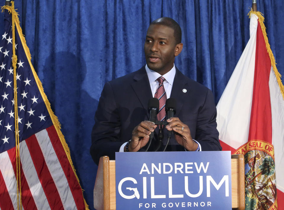 Andrew Gillum the Democrat candidate for governor speaks at a news conference on Saturday, Nov. 10, 2018, in Tallahassee, Fla. Gillum has withdrawn his concession in the Florida gubernatorial race following a recount. "I am replacing my words of concession with an uncompromised and unapologetic call that we count every single vote," Gillum said. (AP Photo/Steve Cannon)