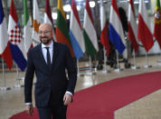 European Council President Charles Michel arrives for an EU summit at the European Council building in Brussels, Thursday, Feb. 20, 2020. After almost two years of sparring, the EU will be discussing the bloc's budget to work out Europe's spending plans for the next seven years. (AP Photo/Riccardo Pareggiani)