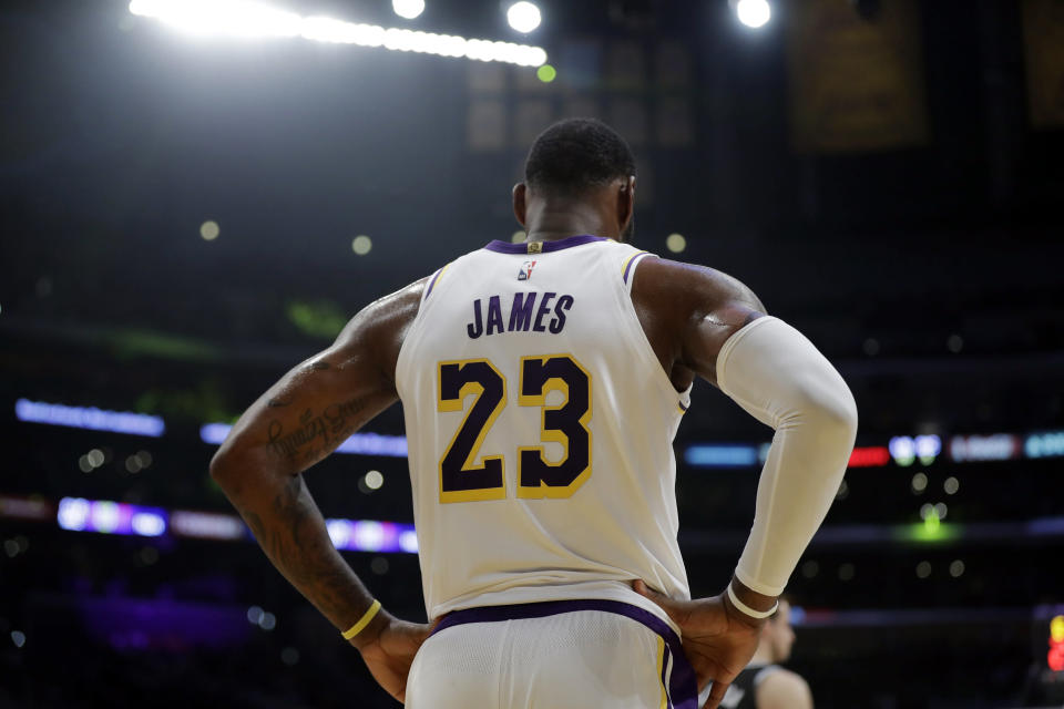 Los Angeles Lakers' LeBron James (23) during the first half of an NBA basketball game against the Sacramento Kings Sunday, March 24, 2019, in Los Angeles. (AP Photo/Marcio Jose Sanchez)