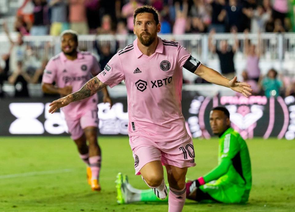 Inter Miami forward Lionel Messi (10) celebrates after scoring a goal against Orlando City in the first half of a Leagues Cup Round of 32 match at DRV PNK Stadium on Wednesday, Aug. 2, 2023, in Fort Lauderdale, Fla.