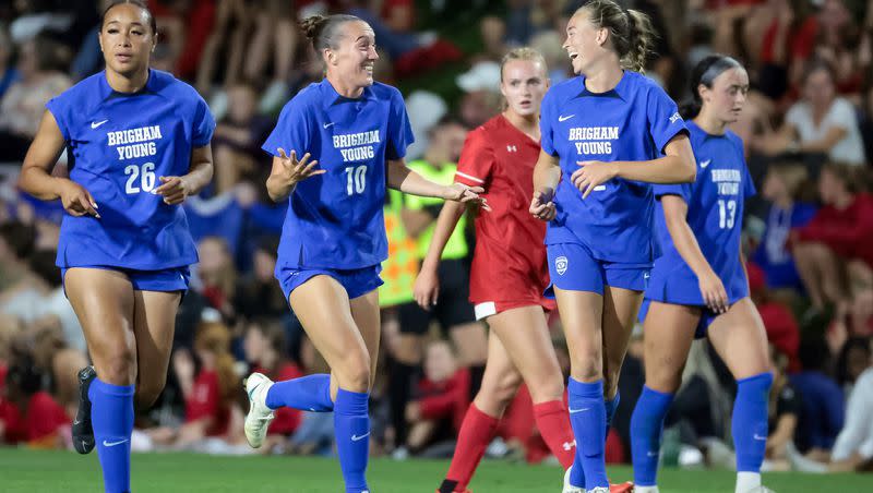 BYU celebrates a goal during the game against Utah at Ute Field in Salt Lake City on Saturday, Sept. 9, 2023.