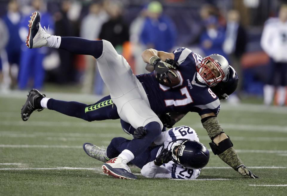 Seattle Seahawks safety Earl Thomas, No. 29, and New England Patriots tight end Rob Gronkowski, No. 87, have mutual respect. (AP)