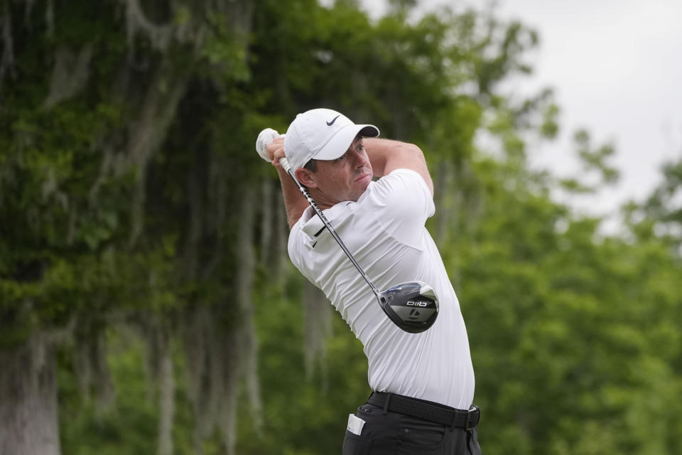 Rory McIlroy, of Northern Ireland, hits of the second tee during the final round of the PGA Zurich Classic golf tournament at TPC Louisiana in Avondale, La., Sunday, April 28, 2024. (AP Photo/Gerald Herbert)