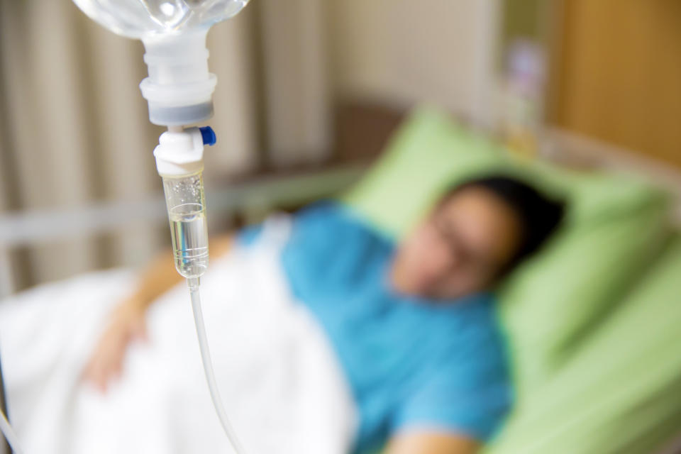 Closeup of an intravenous infusion setup.