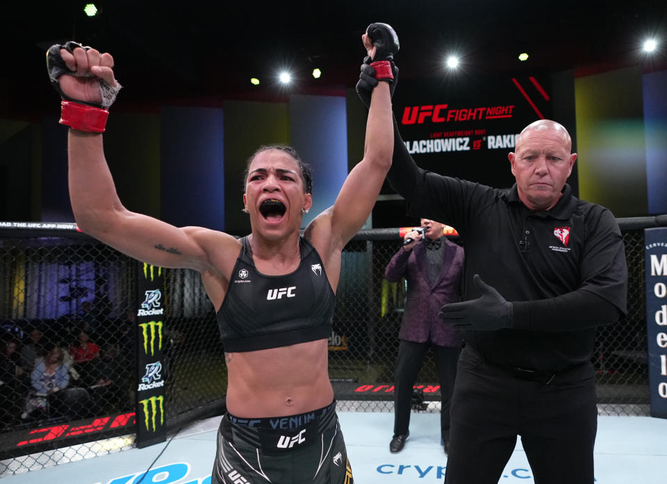 LAS VEGAS, NEVADA - MAY 14: Viviane Araujo of Brazil reacts after her victory over Andrea Lee in a flyweight fight at UFC APEX on May 14, 2022 in Las Vegas, Nevada. (Photo by Jeff Bottari/Zuffa LLC)