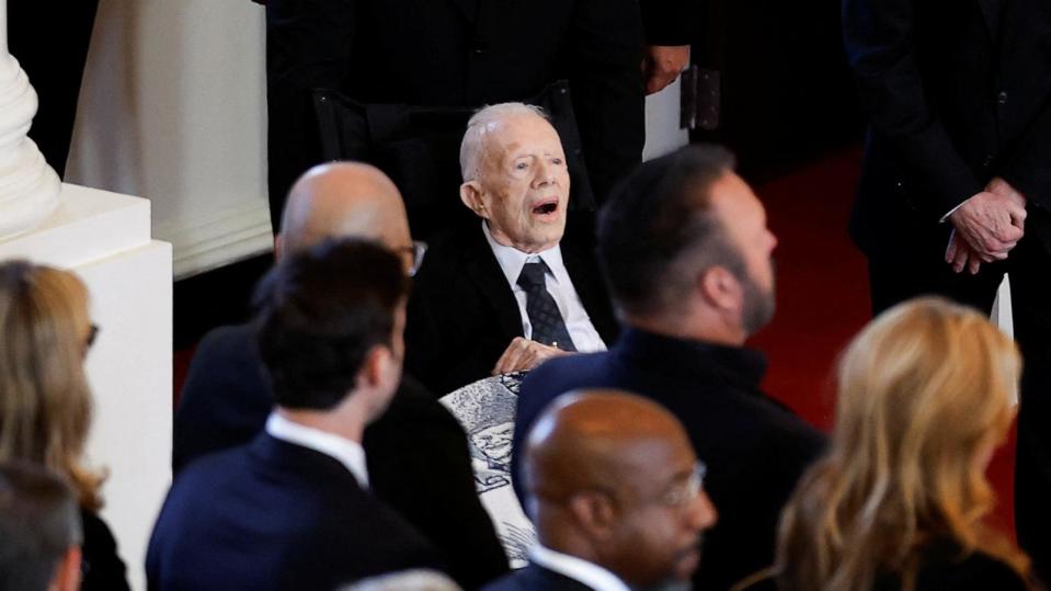 PHOTO: Former U.S. President Jimmy Carter attends a tribute service for his wife former first lady Rosalynn Carter, at Glenn Memorial Church in Atlanta on Nov. 28, 2023.  (Evelyn Hockstein/Reuters)