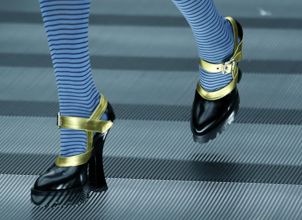 A model wears shoes for Miu Miu's Ready to Wear's Fall-Winter 2013-2014 fashion collection, presented, Wednesday, March 6, 2013 in Paris. (AP Photo/Jacques Brinon)