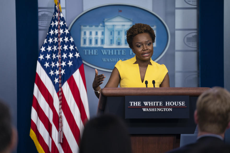 White House deputy press secretary Karine Jean-Pierre speaks during a press briefing at the White House, Wednesday, May 26, 2021, in Washington. (AP Photo/Evan Vucci)