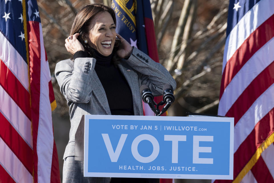 FILE - Vice President-elect Kamala Harris campaigns for Democratic U.S. Senate challengers, Rev. Raphael Warnock and Jon Ossoff, Dec. 21, 2020, in Columbus, Ga. (AP Photo/Ben Gray, File)