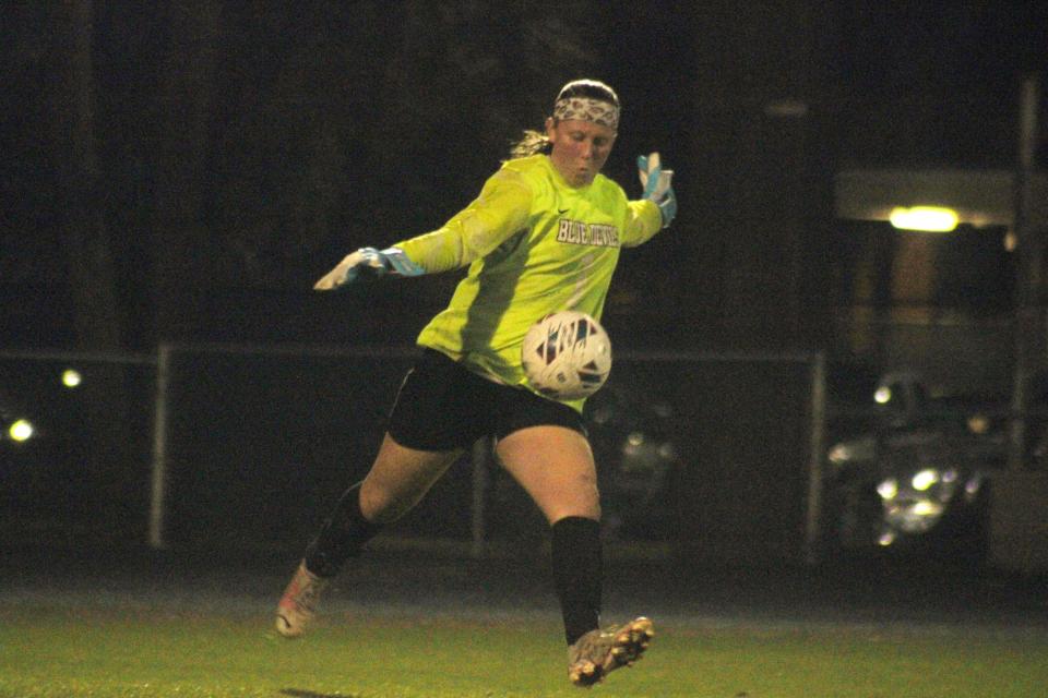 Stanton goalkeeper Savannah Yerger punts the ball upfield against Fletcher during the Gateway Conference high school girls soccer championship on January 12, 2024. [Clayton Freeman/Florida Times-Union]