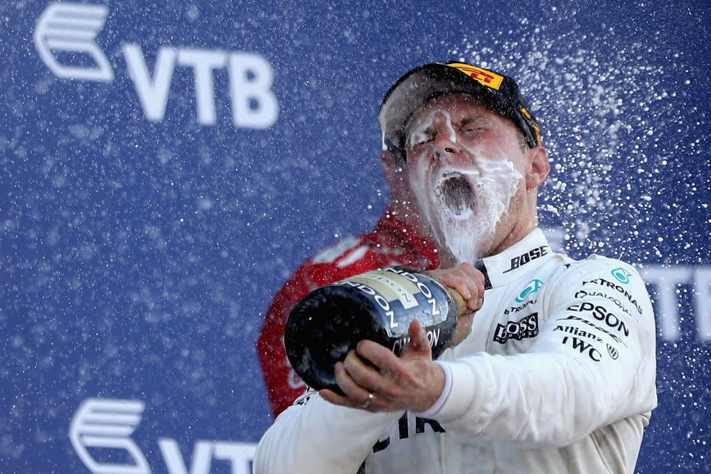 sochi, russia april 30 race winner valtteri bottas of finland and mercedes gp celebrates on the podium during the formula one grand prix of russia on april 30, 2017 in sochi, russia photo by will taylor medhurstgetty images