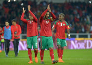 Soccer Football - International Friendly - Serbia vs Morocco - Stadio Olimpico Grande Torino, Turin, Italy - March 23, 2018 Morocco's Medhi Benatia and Nabil Dirar applaud the fans at the end of the match REUTERS/Massimo Pinca