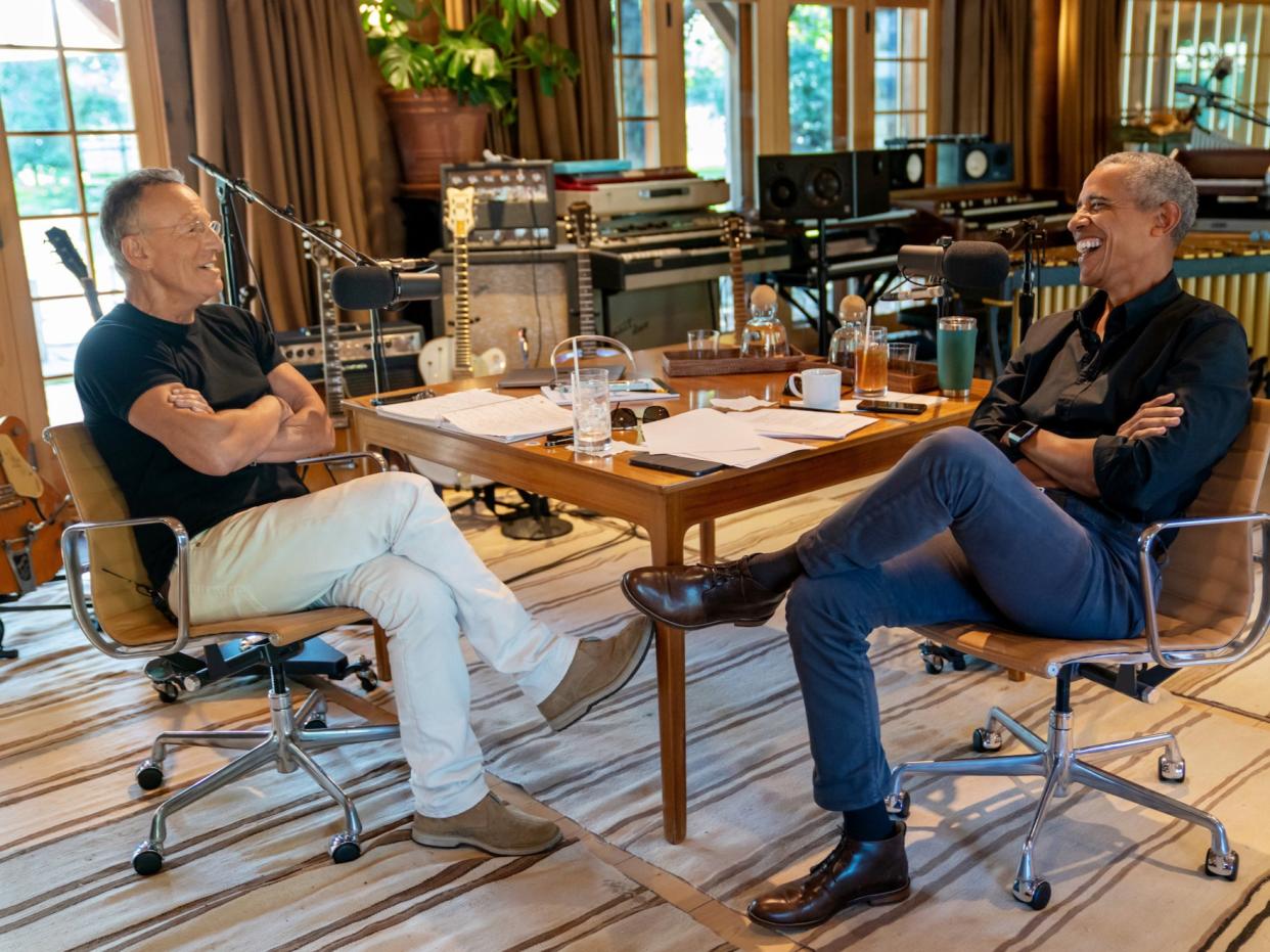 <p>Rock and roll legend Bruce Springsteen and Barack Obama during podcast</p> (Spotify)