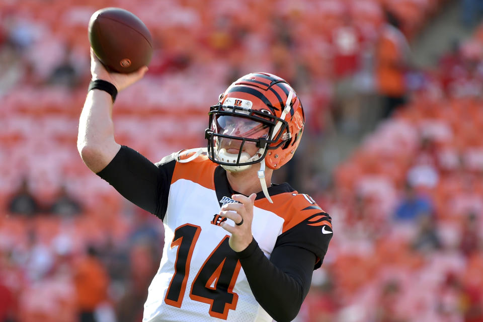 Cincinnati Bengals quarterback Andy Dalton warms up before an NFL preseason football game against the Kansas City Chiefs in Kansas City, Mo., Saturday, Aug. 10, 2019. (AP Photo/Ed Zurga)