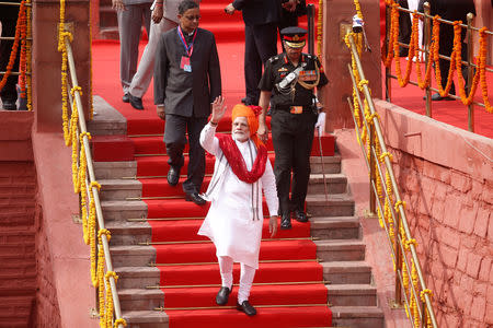 Indian Prime Minister Narendra Modi waves as he leaves after addressing the nation during Independence Day celebrations at the historic Red Fort in Delhi, India, August 15, 2018. REUTERS/Adnan Abidi