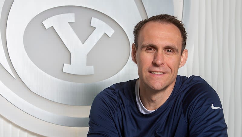 BYU assistant basketball coach Chris Burgess poses for photos while at the Marriott Center Annex in Provo on Friday, May 3, 2019. Burgess left the Cougars to join Craig Smith's staff at Utah, but on Wednesday news broke that Burgess is returning to BYU to join Kevin Young's staff.
