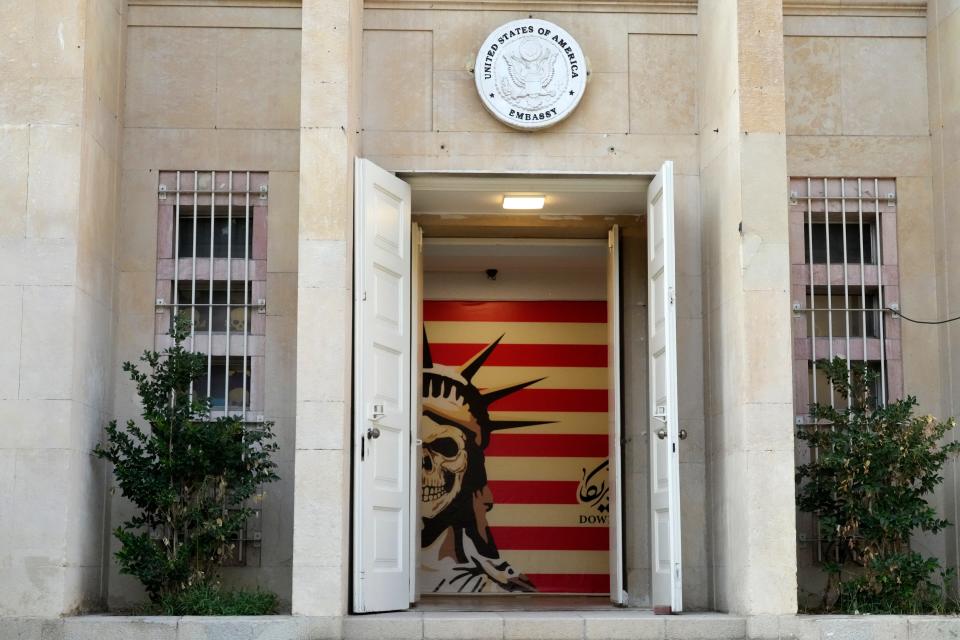 The entrance to the former U.S. Embassy, which has been turned into an anti-American museum, is seen in Tehran, Iran, on Aug. 19, 2023.