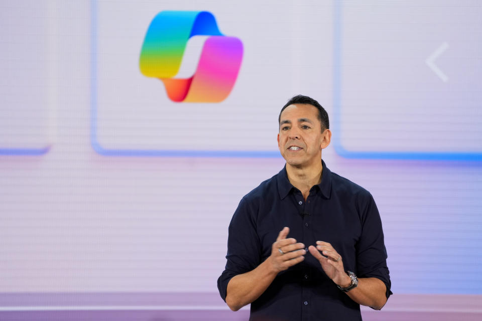 Yusuf Mehdi, Microsoft executive vice president and consumer chief marketing officer, speaks during a showcase event of the company's AI assistant, Copilot, ahead of the annual Build developer conference at Microsoft headquarters Monday, May 20, 2024, in Redmond, Wash. (AP Photo/Lindsey Wasson)