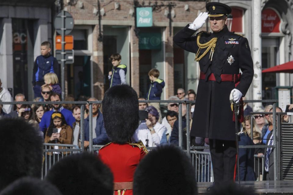 FILE - Britain's Prince Andrew, the Duke of York, attends a memorial ceremony to mark the 75th anniversary of the liberation from German occupation in Bruges, Belgium, Saturday, Sept. 7, 2019. Buckingham Palace says that Prince Andrew’s military affiliations and royal patronages have been returned to Queen Elizabeth II with her “approval and agreement.” The palace statement issued on Thursday, Jan. 13, 2022 came after more than 150 navy and army veterans wrote to the queen asking her to strip Andrew of all his military ranks and titles amid continued legal trouble for the prince, who is embroiled in a sex assault lawsuit in the U.S. (AP Photo/Olivier Matthys, File)