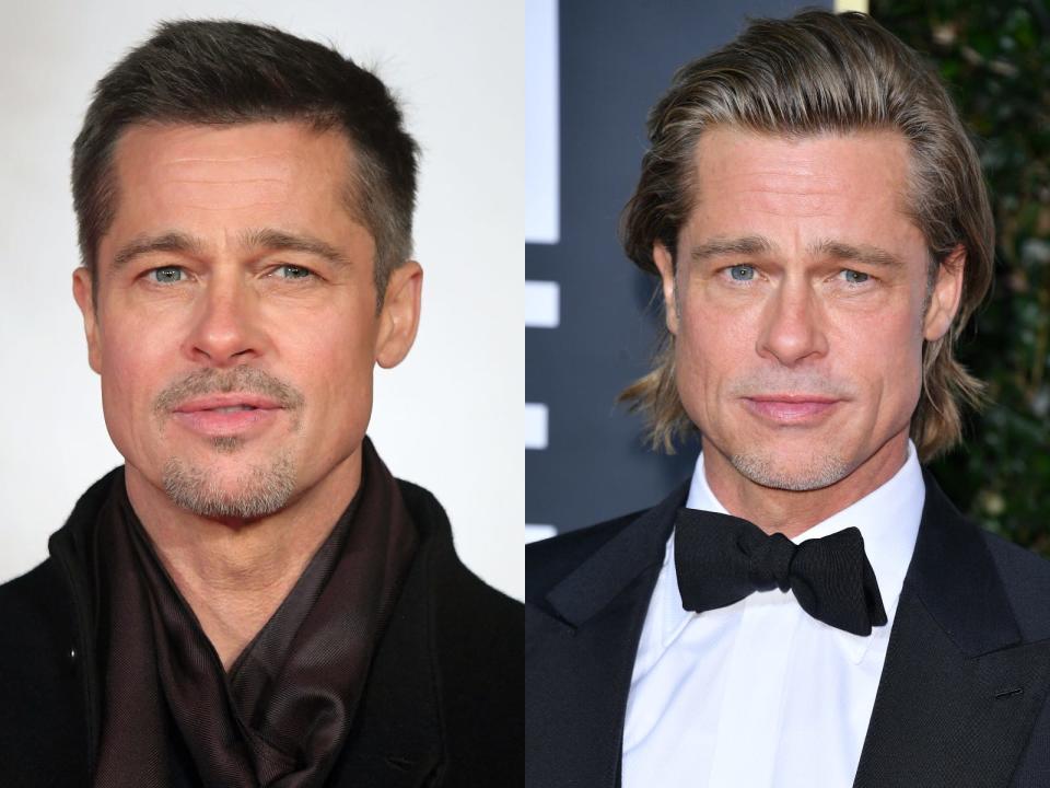 brad pitt with short hair on the left and long hair on the right