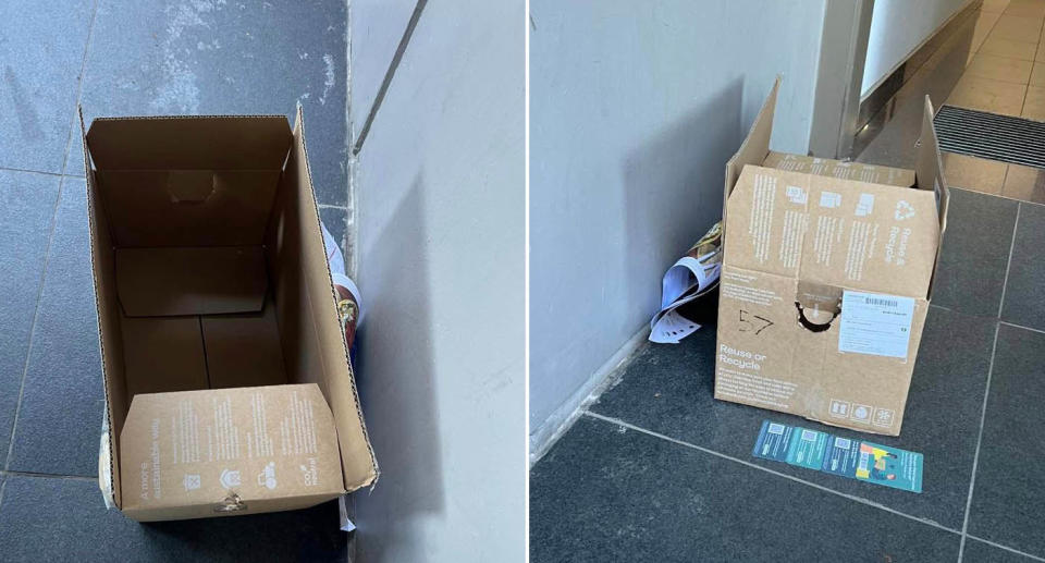 Empty HelloFresh delivery box at front door of Sydney apartment. 