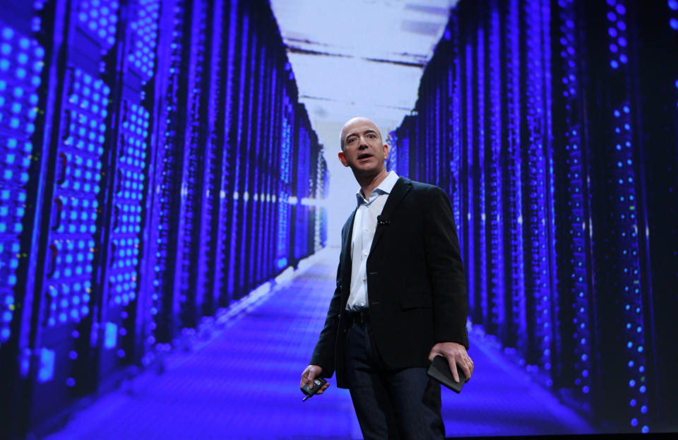 Amazon CEO Jeff Bezos speaks at a news conference during the launch of Amazon's new tablets in New York, September 28, 2011. Amazon.com Inc unveiled its long-awaited tablet computer on Wednesday with a $199 price tag, potentially cheap enough to give Apple Inc's iPad some serious competition for the first time.  REUTERS/Shannon Stapleton (UNITED STATES - Tags: BUSINESS SCIENCE TECHNOLOGY)