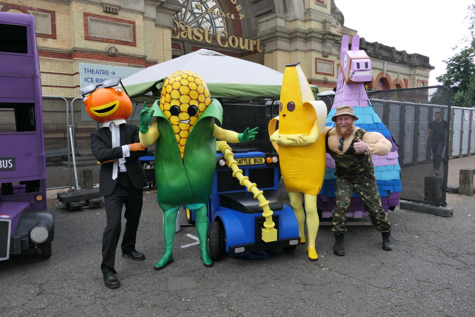 The Llama-Drama soapbox team dressed in a variety of fancy dress outfits pose for the camera before the race