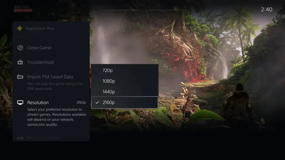 Resolution settings for PS5 cloud streaming.