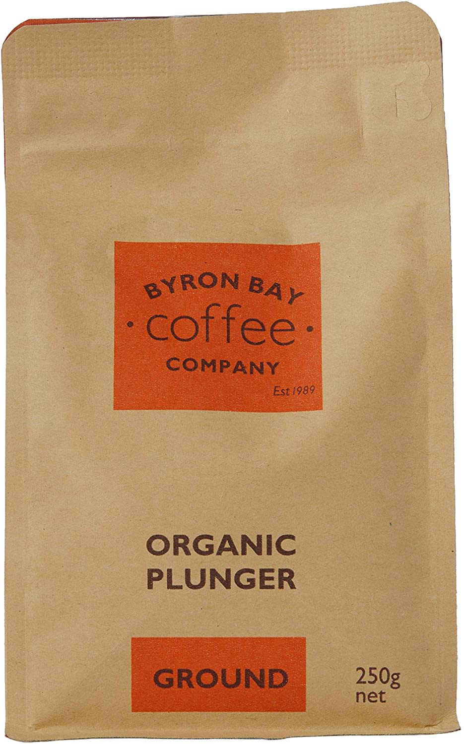 Brown with orange text pack of Byron Bay Coffee Company Certified Organic Organic Espresso Coffee, $11.42 for 250g