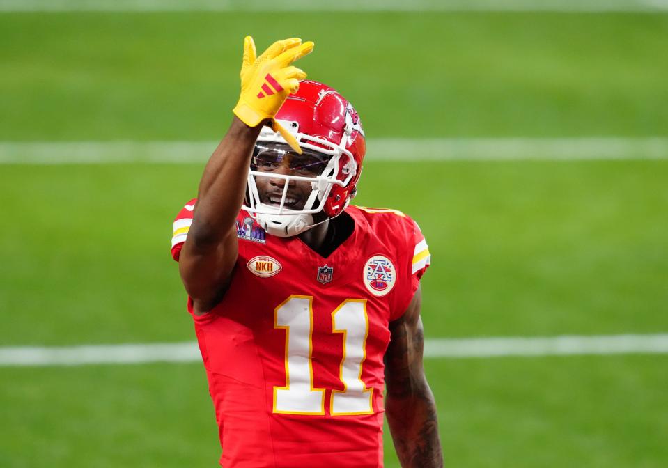 Feb 11, 2024; Paradise, Nevada, USA; Kansas City Chiefs wide receiver Marquez Valdes-Scantling (11) celebrates a touchdown catch against the San Francisco 49ers in the second half in Super Bowl LVIII at Allegiant Stadium. Mandatory Credit: Stephen R. Sylvanie-USA TODAY Sports