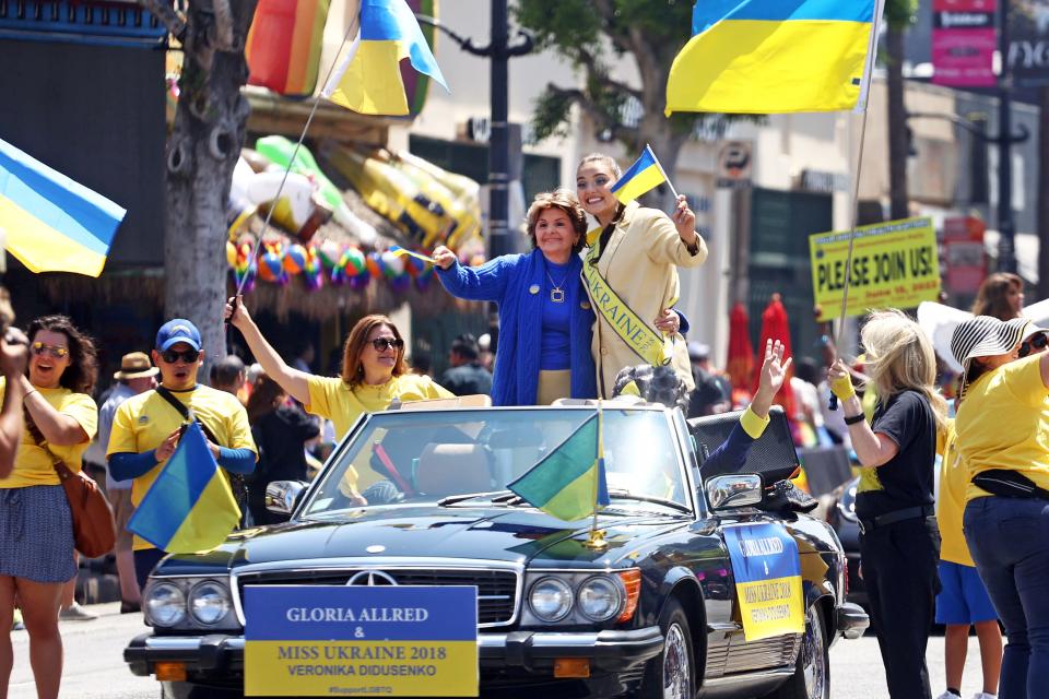 Lawyer Gloria Allred and Miss Ukraine 2018 Veronika Didusenko attend the Christopher Street West LA Pride Parade, June 12, 2022 in Los Angeles.