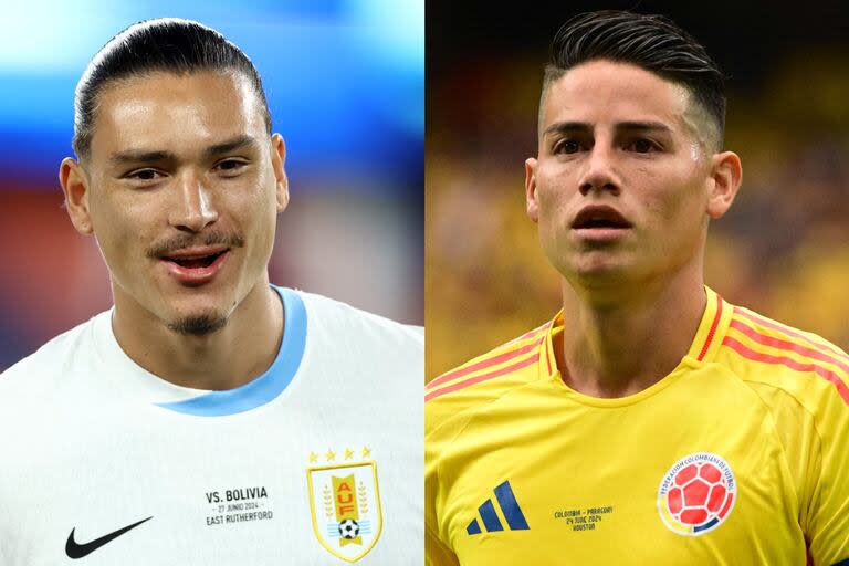 Darwin Núñez y James Rodríguez, figuras de Uruguay y Colombia, que esta noche se enfrentarán en Charlotte en la segunda semifinal por la Copa América; uno de ambos será adversario de Argentina en la final.