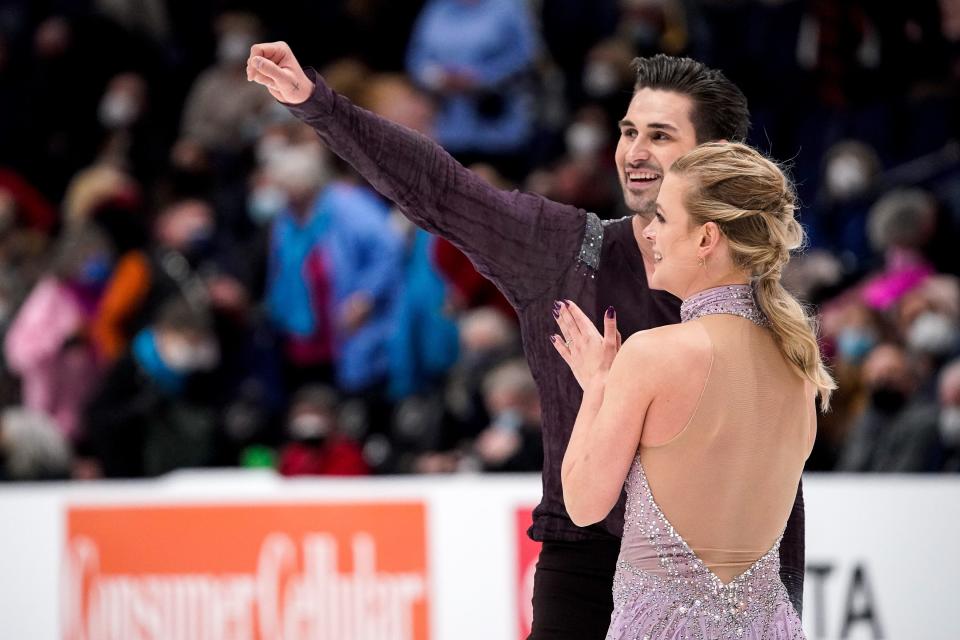 Madison Hubbell and Zachary Donohue react after competing in the championship ice dance during the U.S. Figure Skating Championships at Bridgestone Arena in Nashville, Tenn., Saturday, Jan. 8, 2022.