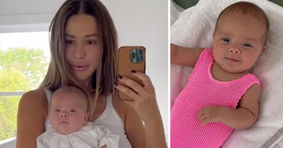 L: Aussie influencer Ruby Tuesday Matthews with her baby Holiday. R: Holiday in a pink onesie