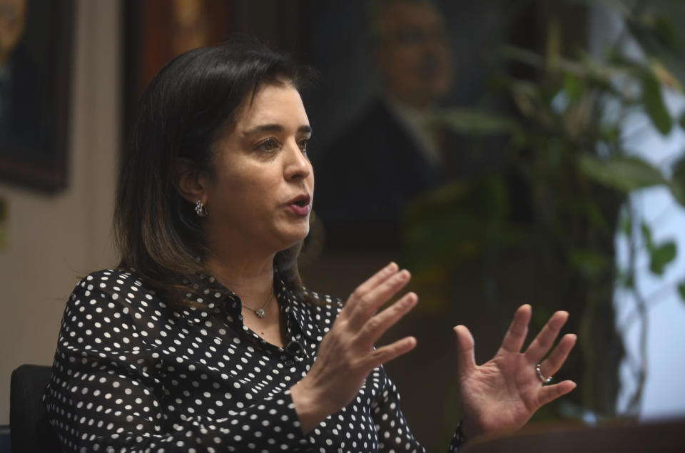 Hanan Balkhy, the head of the World Health Organization's Eastern Mediterranean region, speaks during an interview with the Associated Press in Cairo, Egypt, Monday, June 24, 2024. A senior official with the U.N. health agency says the reconnected U.S.-built pier off the coast of the Gaza Strip cannot supply Palestinians with anywhere near the level of aid they need. Dr. Hanan Balkhy, head of the World Health Organization’s Eastern Mediterranean region, made the remarks after the U.S. military began delivering aid through the floating pier again, after it was removed a second time because of rough seas. (AP Photo/Tarek Wajeh)