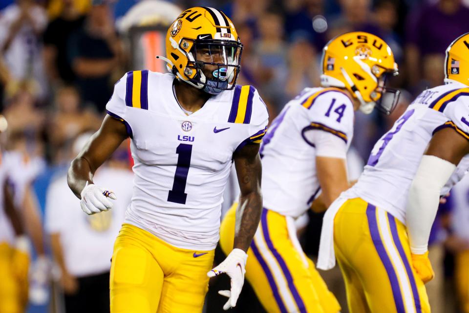 LSU wide receiver Kayshon Boutte (1) runs in motionduring an NCAA college football game against Kentucky in Lexington, Ky., Saturday, Oct. 9, 2021. (AP Photo/Michael Clubb)