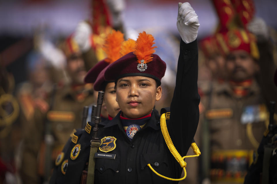 A contingent of Veerangana, Assam police woman commandos, take part in a Republic Day parade in Guwahati, India, Thursday, Jan. 26, 2023. (AP Photo/Anupam Nath)