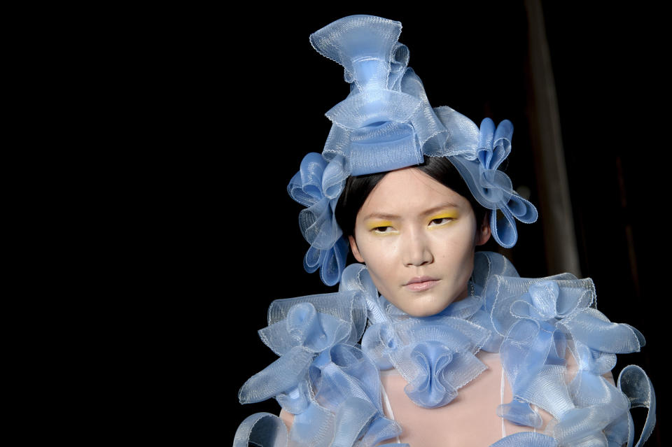 A model wears a design created by Pam Hogg during London Fashion Week Spring/Summer 2014, at the Freemasons' Hall in central London, Monday, Sept. 16, 2013. (Photo by Jonathan Short/Invision/AP)