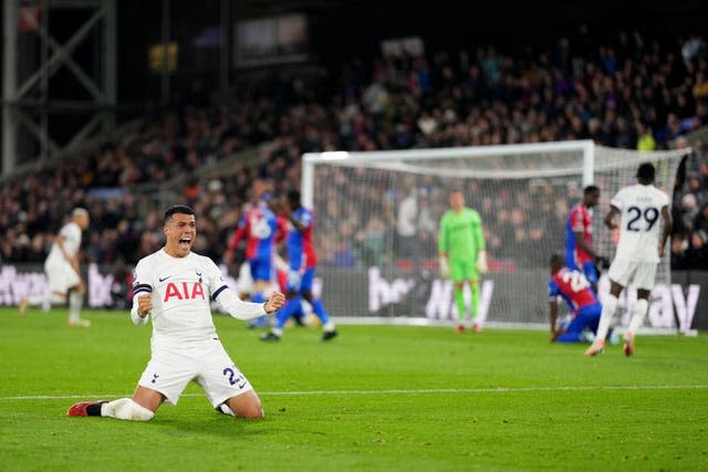 Pedro Porro celebrates after Joel Ward turned the ball into his own net