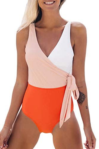 Women's Orange White Bowknot Bathing Suit