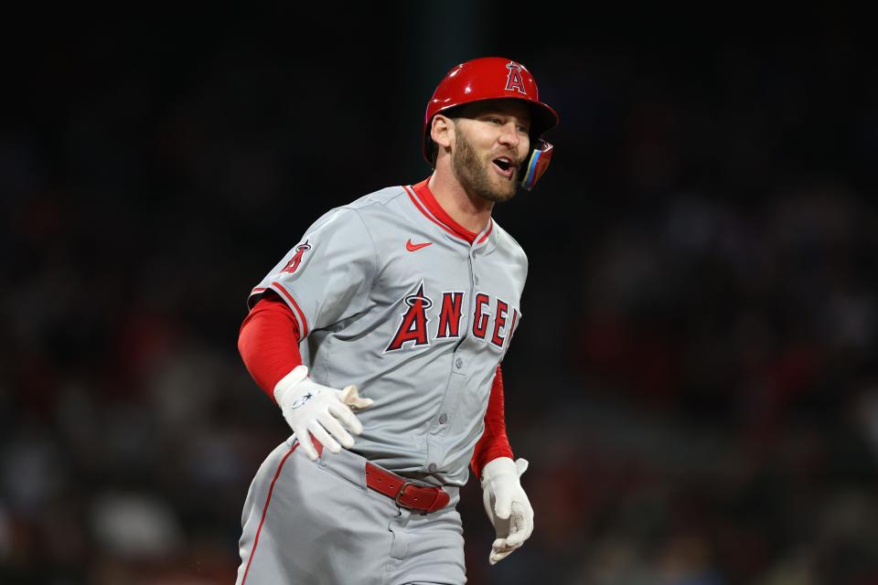 Taylor Ward of the Los Angeles Angels celebrates after hitting a two run home run during the sixth inning against the Boston Red Sox at Fenway Park on April 12, 2024 in Boston, Massachusetts.