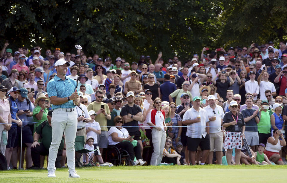 Rory McIlroy smiles, on the 9th green, during day three of the golf Irish Open at The K Club, County Kildare, Ireland, Saturday, Sept. 9, 2023. `(Brian Lawless/PA via AP)